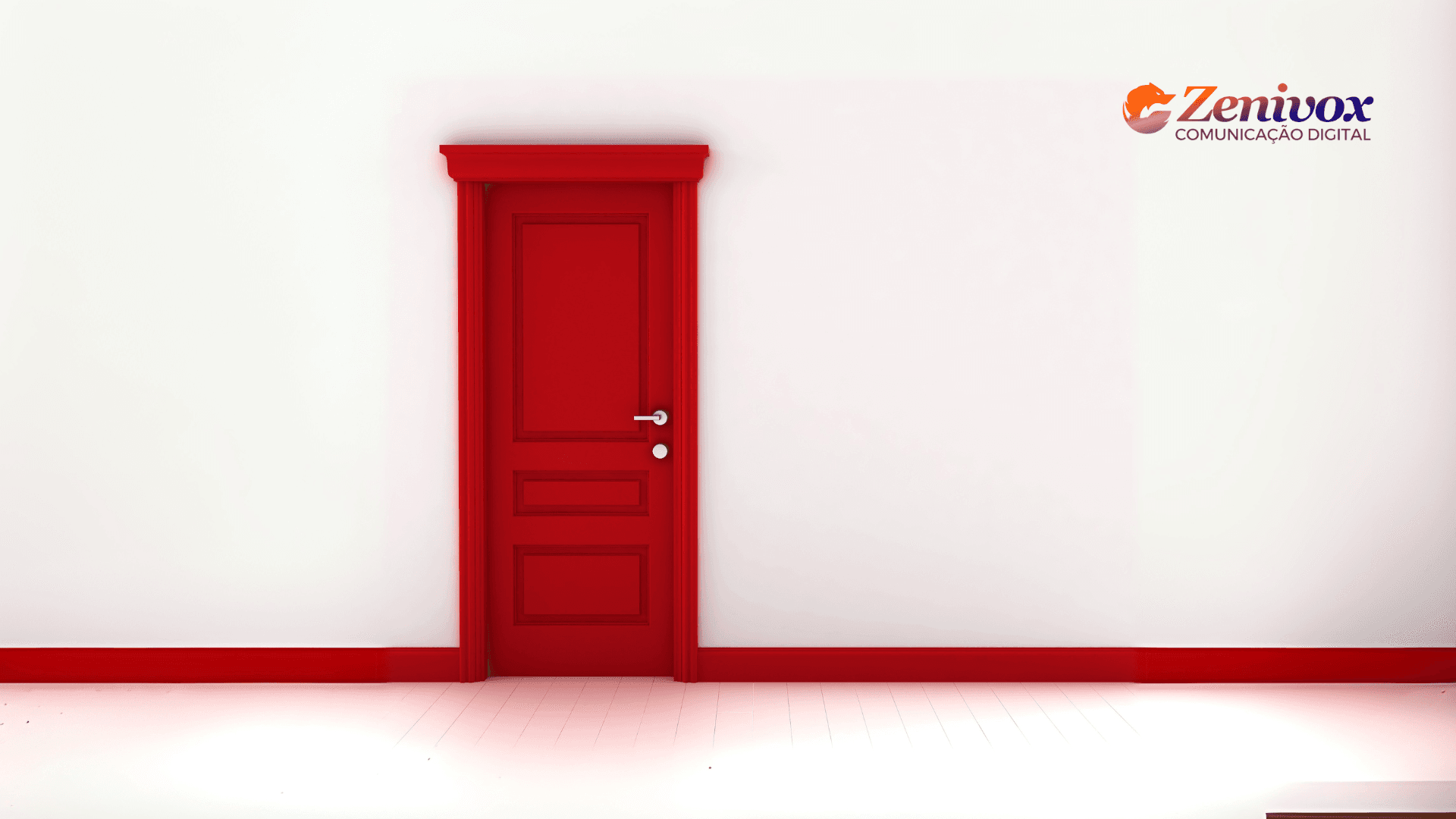 Uma porta vermelha fechada em um ambiente branco minimalista, simbolizando as técnicas de negociação "Porta na Cara". No canto superior direito, o logo da Zenivox Comunicação Digital está presente, reforçando a identidade visual da marca.