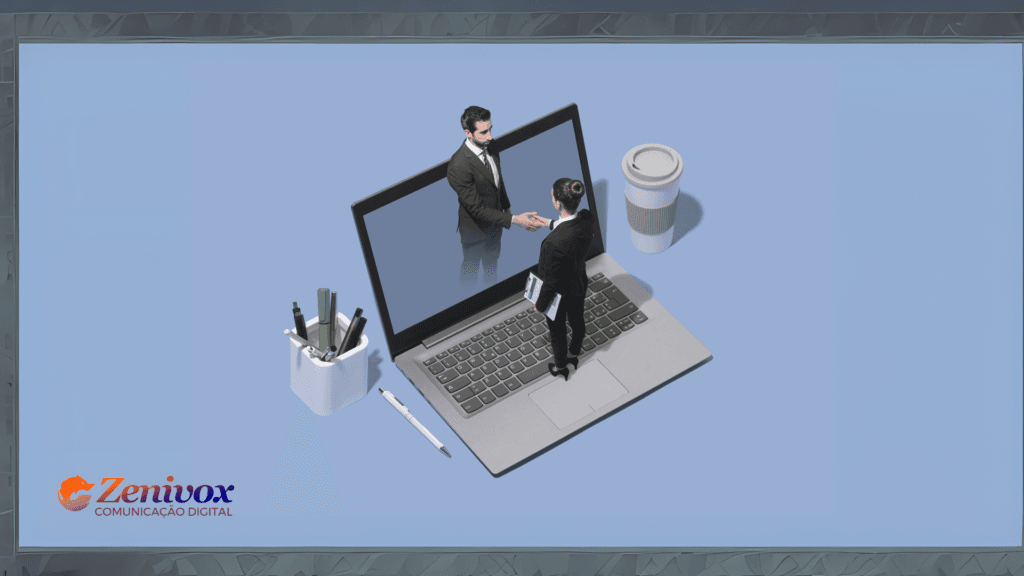 Imagem conceitual representando uma reunião individual (x1) no marketing digital e vendas. Um profissional em traje executivo, segurando documentos, está de pé sobre o teclado de um laptop, apertando a mão de outro profissional que emerge da tela do computador. O ambiente sugere um contexto digital, simbolizando reuniões remotas e negociações online. No canto inferior esquerdo, o logotipo da Zenivox Comunicação Digital reforça a identidade da empresa.