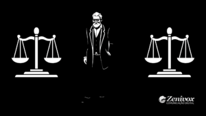 Imagem em preto e branco com uma ilustração estilizada de um advogado no centro, vestindo terno elegante, barba e óculos, representando sofisticação e autoridade. Ao seu redor, há duas balanças da justiça, símbolo como construir um branding pessoal jurídico de sucesso inspirada em Giorgio Armani. No canto inferior direito, está o logotipo da Zenivox Comunicação Digital.