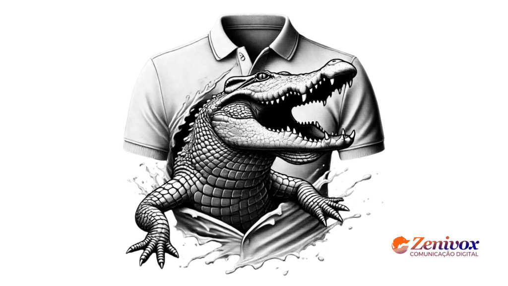 A imagem apresenta uma ilustração artística de um crocodilo emergindo de forma imponente de uma camisa polo branca, simbolizando um modelo de logotipo icônico e reconhecível. O crocodilo exibe uma aparência detalhada e realista, com escamas bem definidas e uma expressão feroz, enquanto rasga o tecido da camisa com sua força.