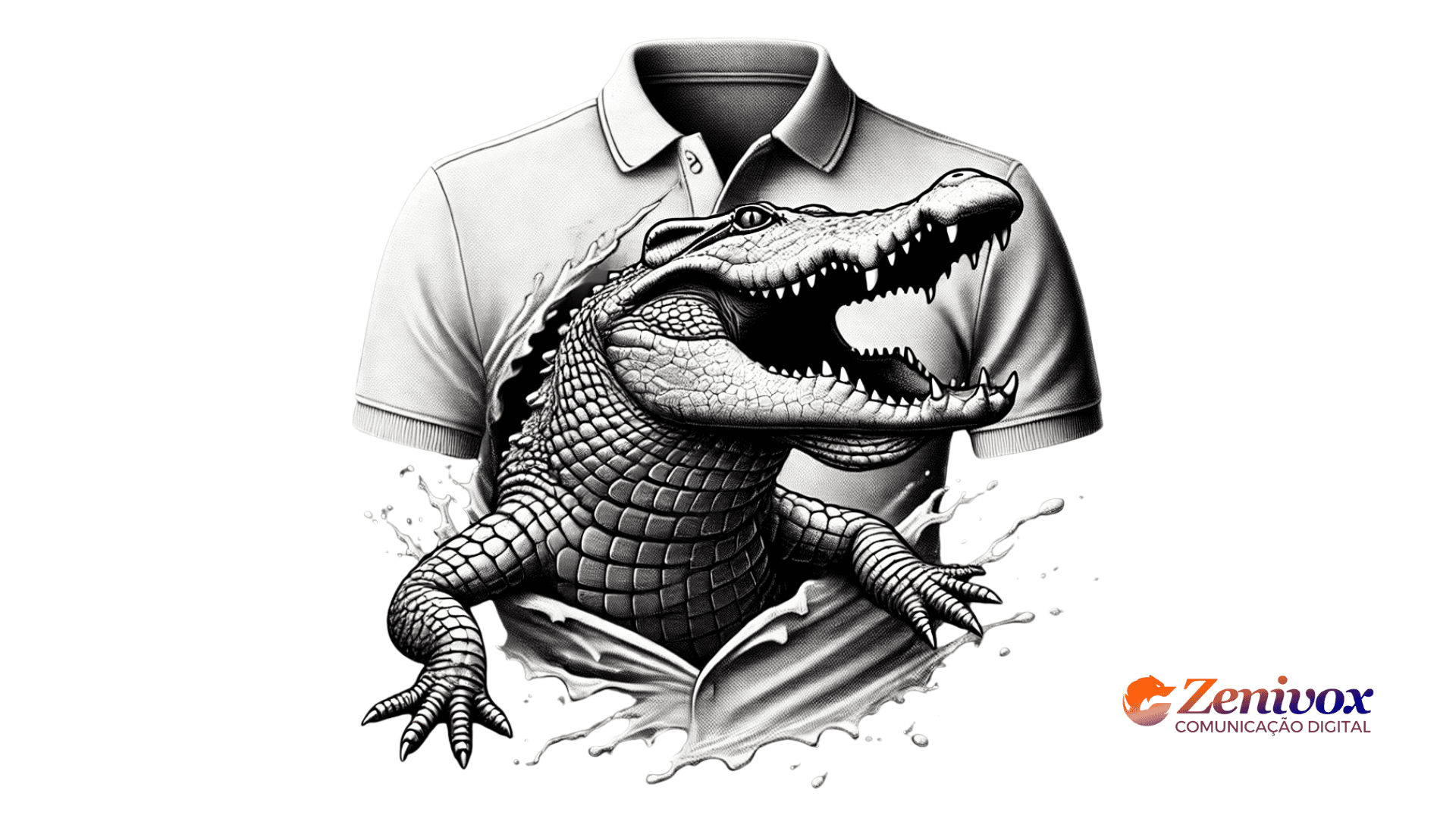 A imagem apresenta uma ilustração artística de um crocodilo emergindo de forma imponente de uma camisa polo branca, simbolizando um modelo de logotipo icônico e reconhecível. O crocodilo exibe uma aparência detalhada e realista, com escamas bem definidas e uma expressão feroz, enquanto rasga o tecido da camisa com sua força.