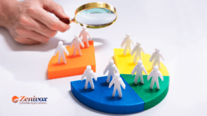 Gráfico colorido em formato de pizza representando diferentes segmentos de mercado, com bonecos brancos simbolizando clientes ou leads distribuídos sobre as fatias, simbolizando o abm marketing. Uma mão segura uma lupa, destacando a análise detalhada desses grupos. No canto inferior esquerdo, o logotipo da Zenivox Comunicação Digital está visível.