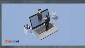 Imagem conceitual representando uma reunião individual (x1) no marketing digital e vendas. Um profissional em traje executivo, segurando documentos, está de pé sobre o teclado de um laptop, apertando a mão de outro profissional que emerge da tela do computador. O ambiente sugere um contexto digital, simbolizando reuniões remotas e negociações online. No canto inferior esquerdo, o logotipo da Zenivox Comunicação Digital reforça a identidade da empresa.