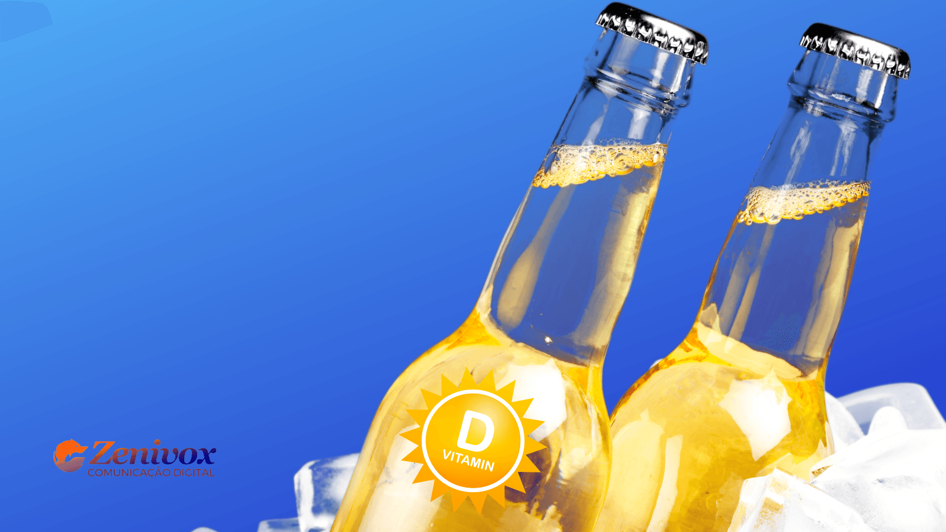 Duas garrafas de cerveja dourada com tampas metálicas, rodeadas por cubos de gelo, destacam-se contra um fundo azul vibrante. Uma etiqueta em formato de sol com a inscrição "Vitamina D" está colada em uma das garrafas, simbolizando um produto que alia sabor e benefícios à saúde, retratando o novo comportamento do consumidor saudável. O logotipo da Zenivox Comunicação Digital aparece no canto inferior esquerdo.
