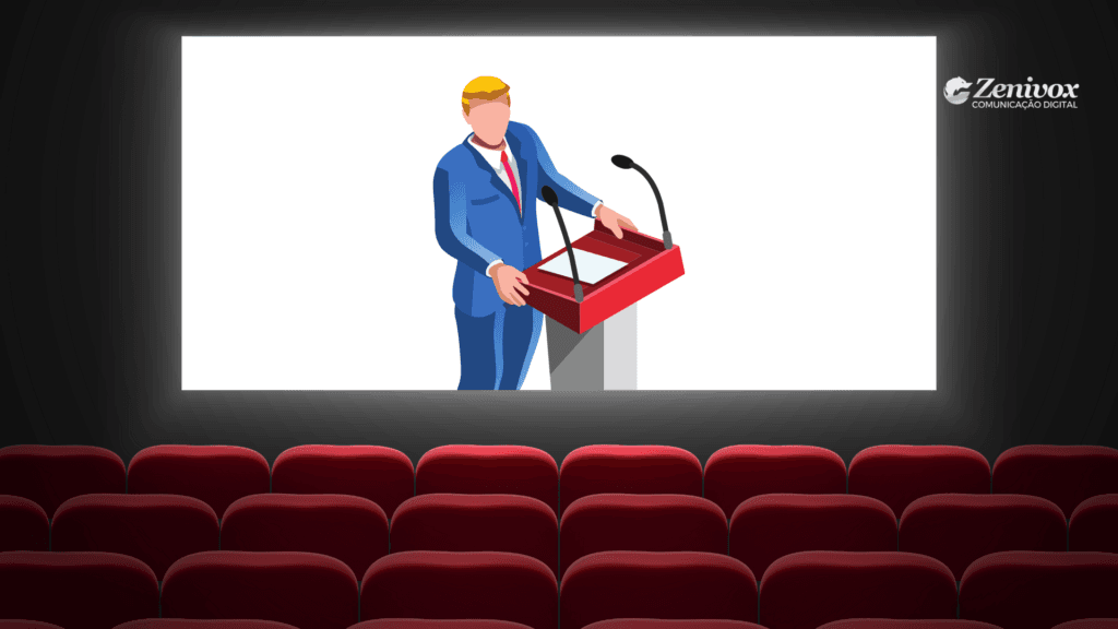 Imagem ilustrando uma cena cinematográfica com um auditório de poltronas vermelhas e uma tela de projeção exibindo um homem loiro de terno azul discursando em um púlpito vermelho com dois microfones, fazendo referencia ao presidente dos Estados Unidos Donald Trump. No canto superior direito, há o logotipo da Zenivox Comunicação Digital.