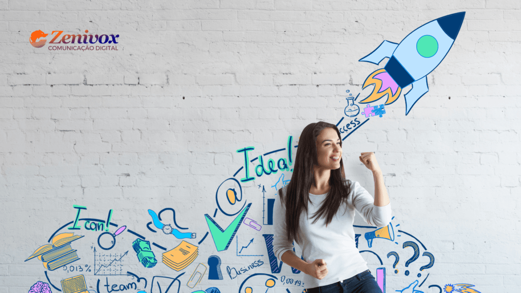 Mulher sorridente comemorando com um gesto de sucesso diante de uma parede com ilustrações criativas que simbolizam inovação e crescimento, destacando a ideia e o sucesso como pilares do empreendedorismo moderno.