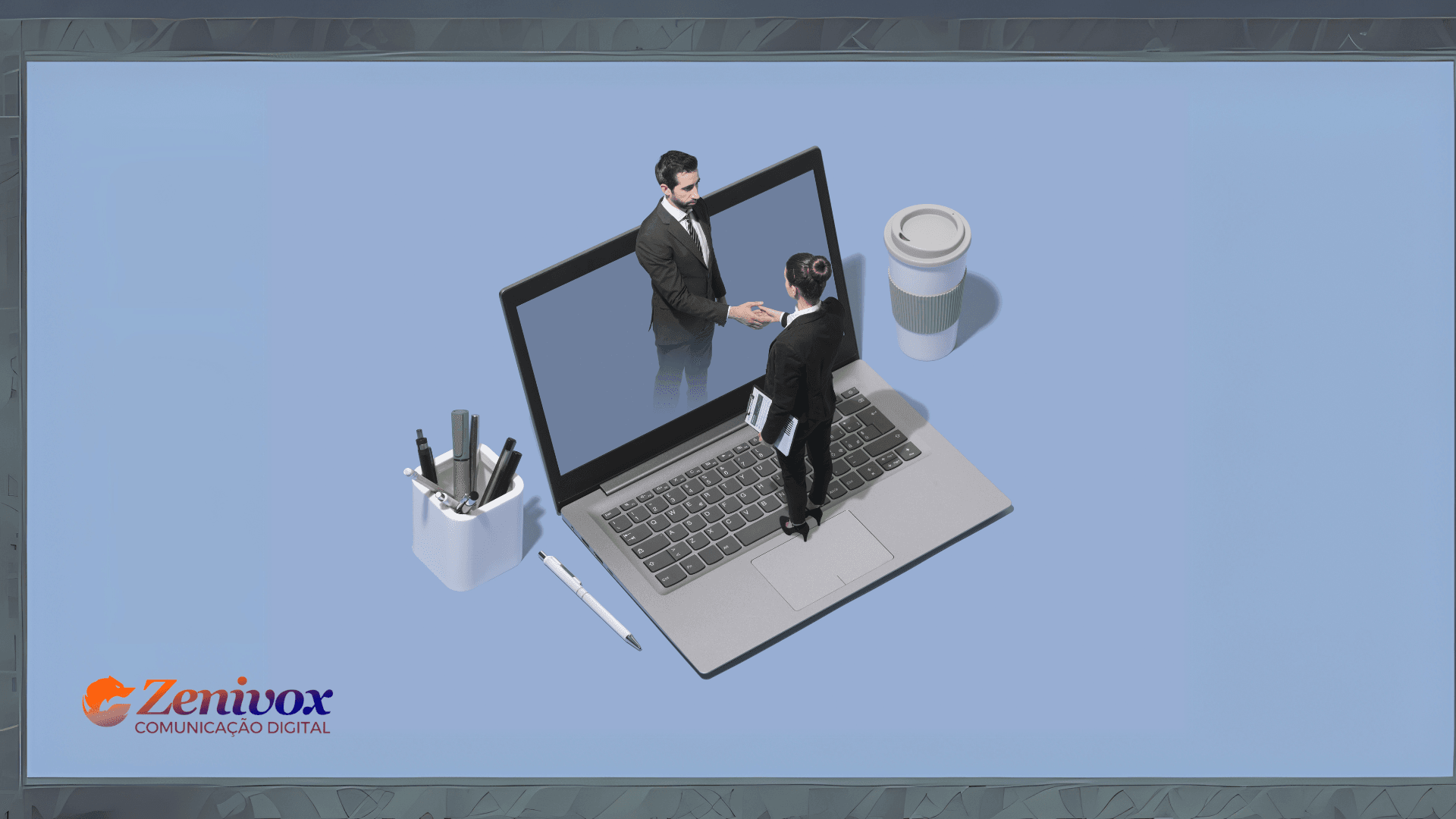 Imagem conceitual representando uma reunião individual (x1) no marketing digital e vendas. Um profissional em traje executivo, segurando documentos, está de pé sobre o teclado de um laptop, apertando a mão de outro profissional que emerge da tela do computador. O ambiente sugere um contexto digital, simbolizando reuniões remotas e negociações online. No canto inferior esquerdo, o logotipo da Zenivox Comunicação Digital reforça a identidade da empresa.