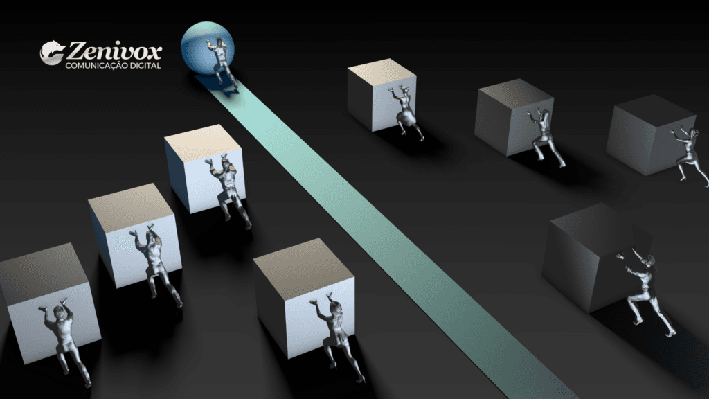 Imagem conceitual que simboliza a construção de um dossiê estratégico. Na imagem, há diversas figuras metálicas empurrando grandes blocos, simbolizando esforço e resistência, enquanto uma figura avança com facilidade empurrando uma esfera sobre um caminho livre, representando uma estratégia eficiente e planejada. A logomarca da Zenivox está posicionada no canto superior esquerdo, reforçando a ideia de comunicação digital e soluções estratégicas para negócios.