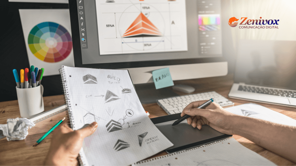 Imagem que retrata um ambiente criativo de design gráfico, destacando o processo de criação de um logotipo. Em primeiro plano, uma mão segura um caderno com rascunhos de esboços de logotipos, com anotações sobre formas, cores e estrutura visual.