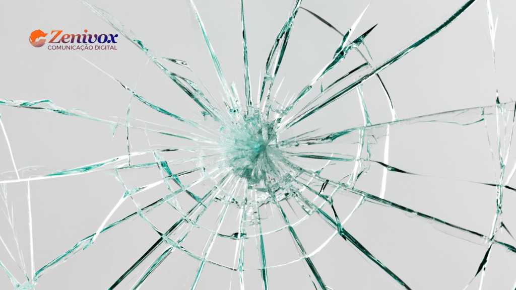 Imagem de um vidro quebrado com rachaduras partindo do centro em diversas direções. No canto superior esquerdo, há o logotipo da Zenivox Comunicação Digital, com as cores laranja e roxo destacando-se sobre o fundo claro. A imagem representa o conceito de "quebrar paradigmas" e inovação, simbolizando a abordagem disruptiva do Marketing Criativo.