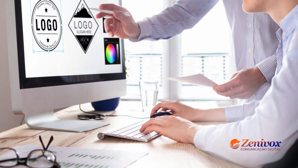 Imagem que mostra duas pessoas colaborando na criação de um logotipo em um ambiente profissional. Uma delas está utilizando um computador para editar o design gráfico, enquanto a outra aponta para a tela com uma caneta, sugerindo ajustes ou alterações.