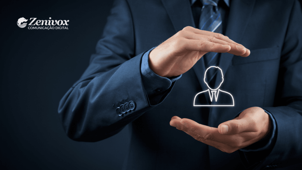 Imagem de uma pessoa vestindo terno azul segurando delicadamente um ícone de perfil humano, simbolizando proteção e foco no cliente ideal, com a estratégia abm marketing. O logotipo da Zenivox Comunicação Digital está localizado no canto superior esquerdo.