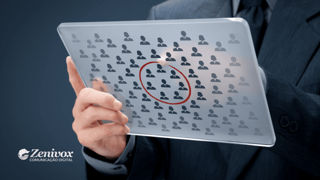 Imagem de uma pessoa segurando um tablet transparente com ícones representando diversos profissionais em trajes formais. No centro, um grupo de ícones está circulado com uma marca vermelha, destacando a segmentação precisa de um público-alvo estratégico. O logotipo da Zenivox Comunicação Digital está localizado no canto inferior esquerdo.