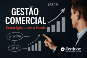 Profissional apontando para gráfico de vendas com estratégias visuais de gestão comercial em destaque