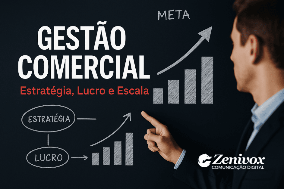 Profissional apontando para gráfico de vendas com estratégias visuais de gestão comercial em destaque