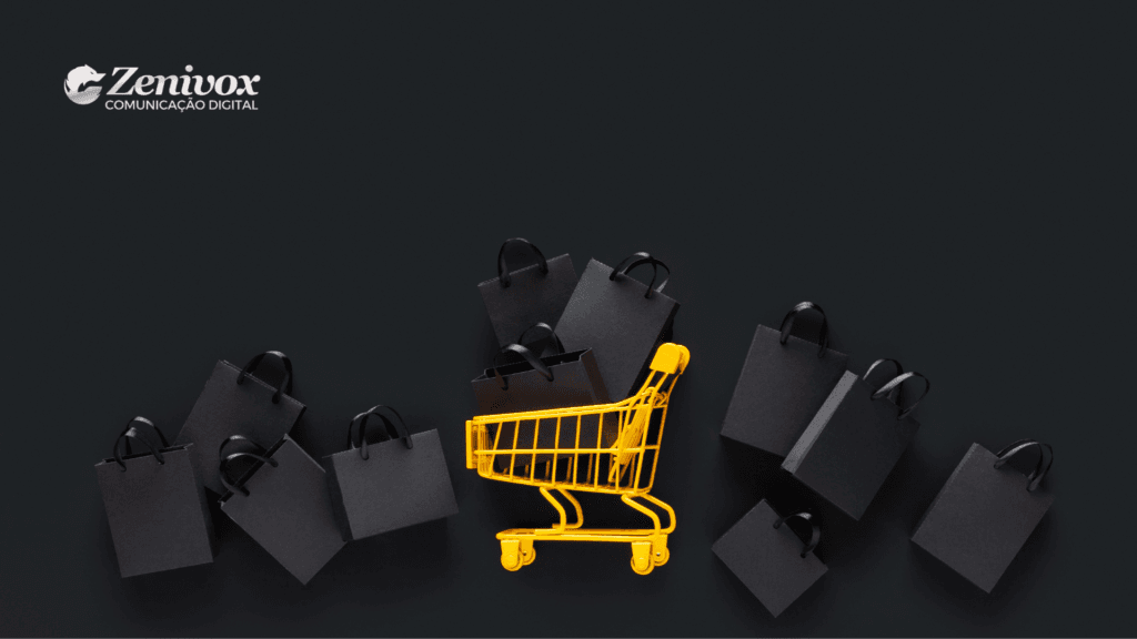 Carrinho de compras amarelo centralizado em um fundo preto, carregado com diversas sacolas pretas de compras ao seu redor, simbolizando o sucesso da estratégia abm marketing. No canto superior esquerdo, há o logotipo da Zenivox Comunicação Digital em branco.