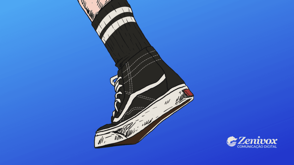 Imagem de um tênis Vans estilo "Off the Wall" em destaque, com design ilustrado em preto e branco, exibindo costuras e detalhes visuais característicos do modelo. O tênis está combinado com uma meia preta listrada e aparece contra um fundo azul vibrante, simbolizando o nicho no marketing digital da Vans. No canto inferior direito, há o logotipo da Zenivox Comunicação Digital.