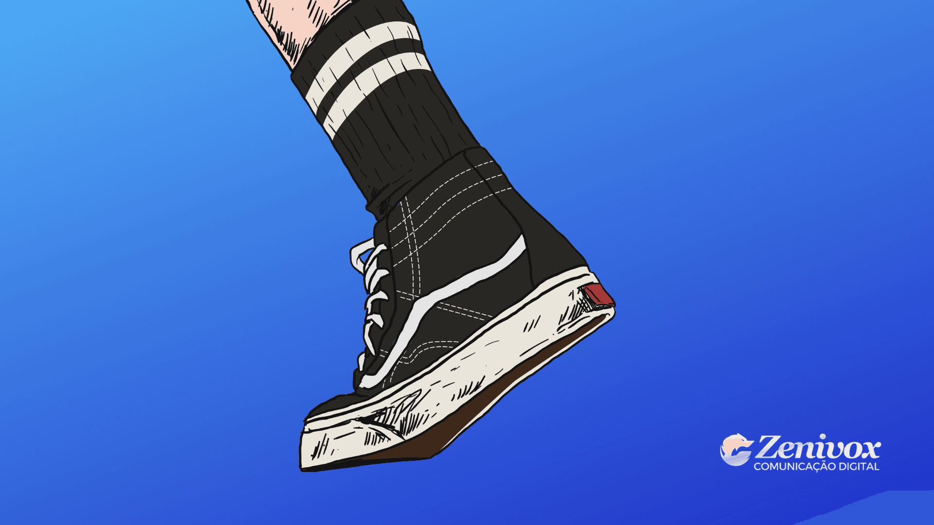 Imagem de um tênis Vans estilo "Off the Wall" em destaque, com design ilustrado em preto e branco, exibindo costuras e detalhes visuais característicos do modelo. O tênis está combinado com uma meia preta listrada e aparece contra um fundo azul vibrante, simbolizando o nicho no marketing digital da Vans. No canto inferior direito, há o logotipo da Zenivox Comunicação Digital.