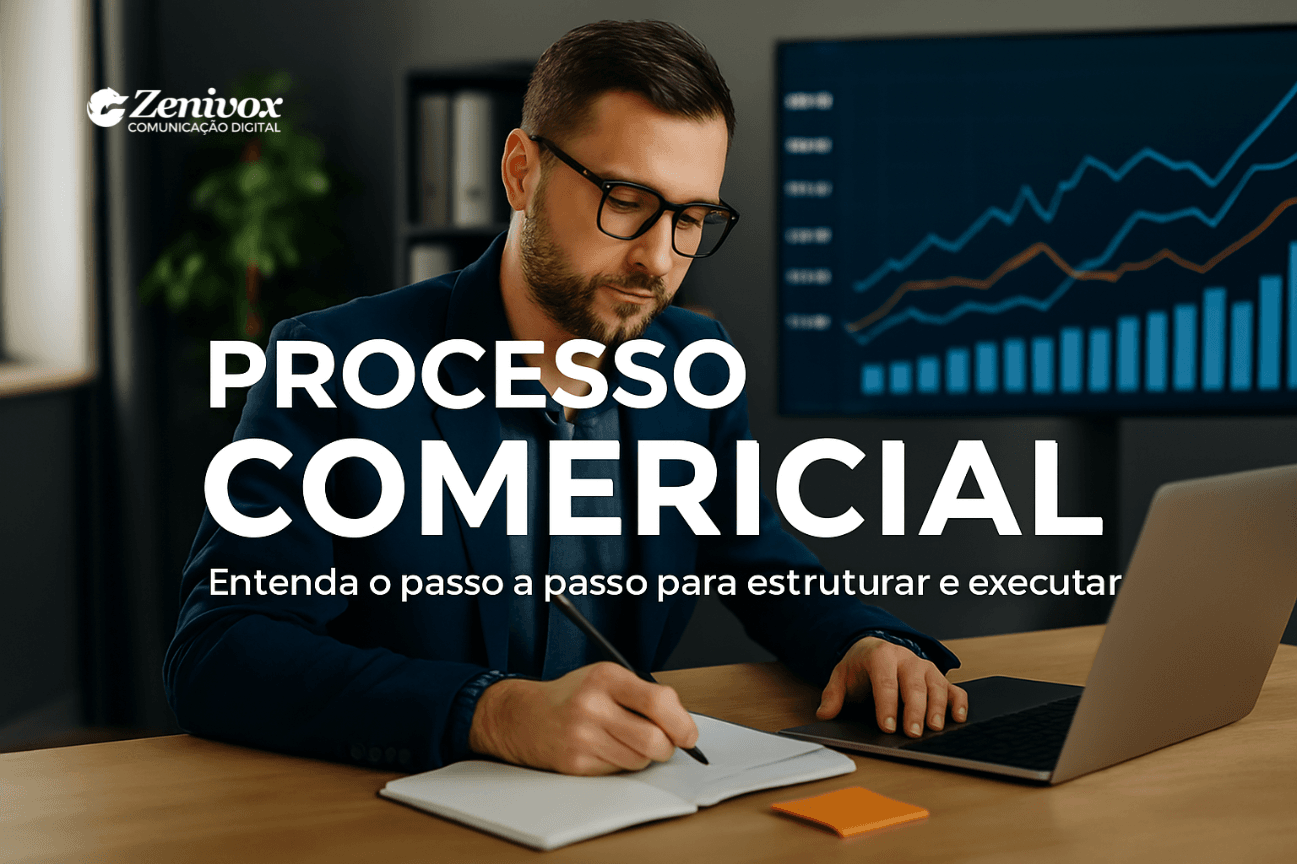 Profissional analisando gráficos e planejando vendas com laptop e documentos sobre a mesa, representando o processo comercial em ação