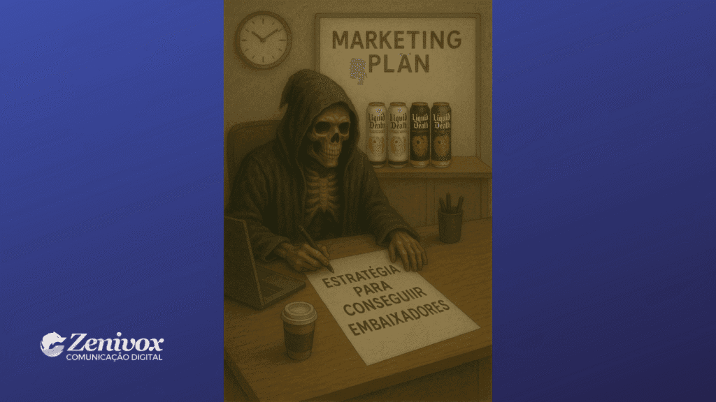 Figura sombria com aparência de ceifador, usando capuz, está sentada em um escritório escrevendo em uma folha com o título “Estratégia para Conseguir Embaixadores”. No fundo, há um quadro com os dizeres “Marketing Plan” e latas da Liquid Death alinhadas em uma prateleira. Elementos como notebook, caneca de café e porta-canetas completam o ambiente de escritório. A imagem remete a um planejamento de marketing ousado e criativo.