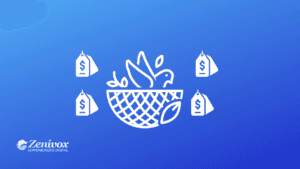 Cesta com pássaro representando estratégia de valor, cercada por etiquetas de preço, sobre fundo azul com logo da Zenivox.