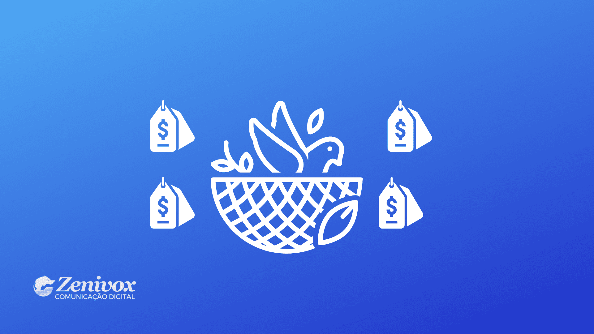 Cesta com pássaro representando estratégia de valor, cercada por etiquetas de preço, sobre fundo azul com logo da Zenivox.