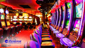 Interior de um cassino luxuoso com fileiras de máquinas caça-níquel iluminadas por luzes vibrantes, representando como o design estratégico pode ser usado para influenciar o comportamento do consumidor.