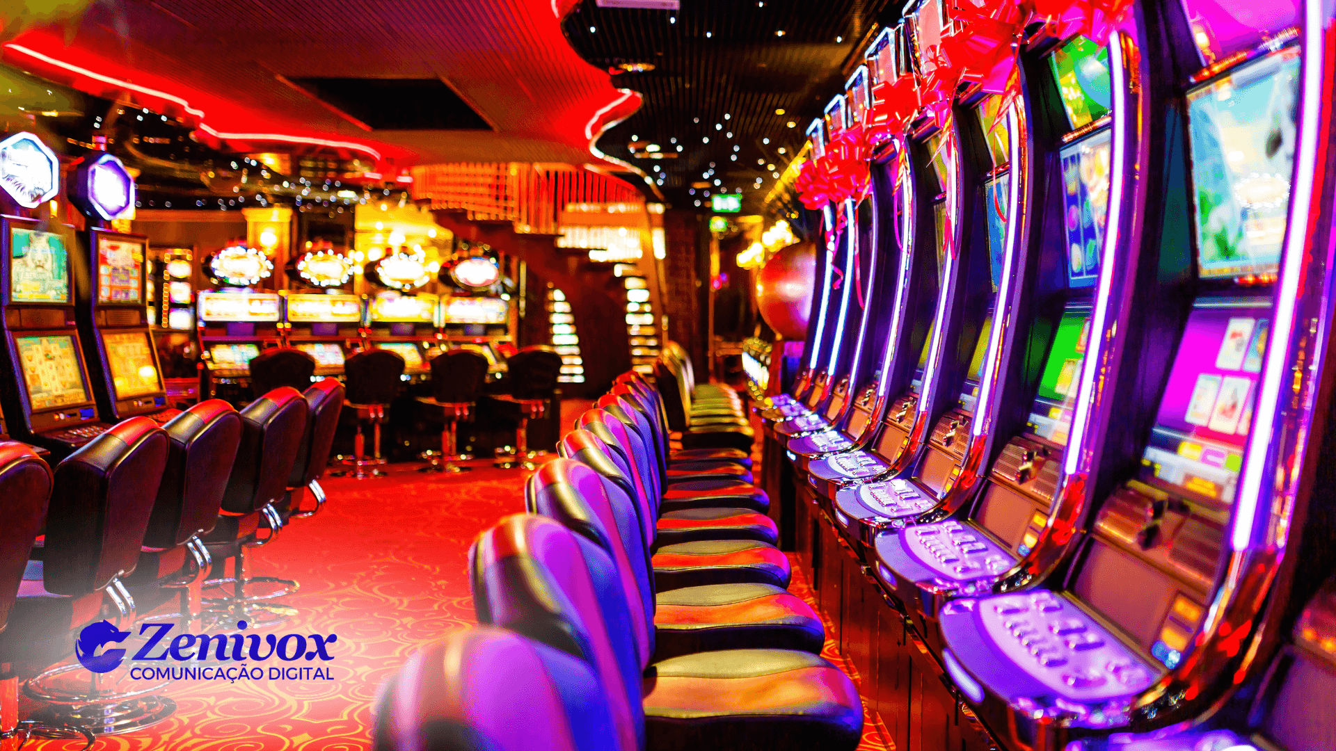 Interior de um cassino luxuoso com fileiras de máquinas caça-níquel iluminadas por luzes vibrantes, representando como o design estratégico pode ser usado para influenciar o comportamento do consumidor.