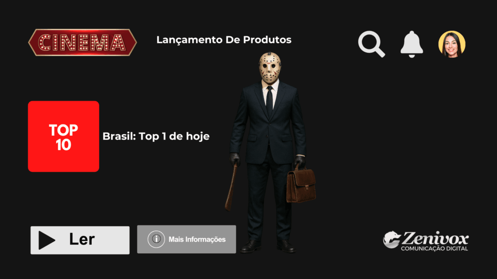 Jason Voorhees segurando uma pasta executiva e um bastão, simbolizando a fusão entre marketing e suspense cinematográfico na estratégia de lançamento de produtos.