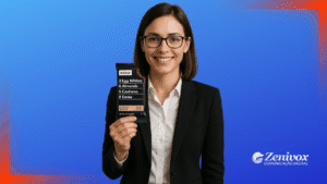 Mulher sorridente vestida de terno social segura uma barra de proteína RXBAR com a embalagem minimalista em destaque, destacando os ingredientes simples como diferencial competitivo. Ao fundo, um degradê azul com bordas em vermelho e o logo da Zenivox Comunicação Digital.