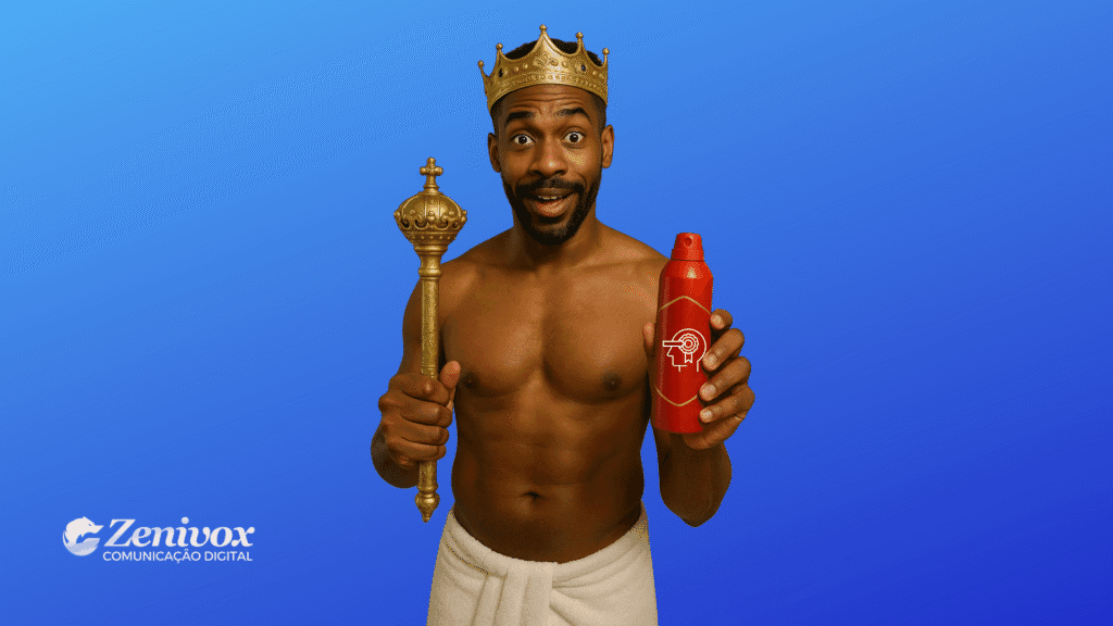 Homem negro sorridente, de toalha e coroa dourada, segurando um cetro e um frasco vermelho com o símbolo de uma cabeça com alvo, representando a ideia de realeza e a mudança de percepção de marca. A imagem transmite humor e autoridade, com fundo azul e a logo da Zenivox no canto inferior esquerdo.