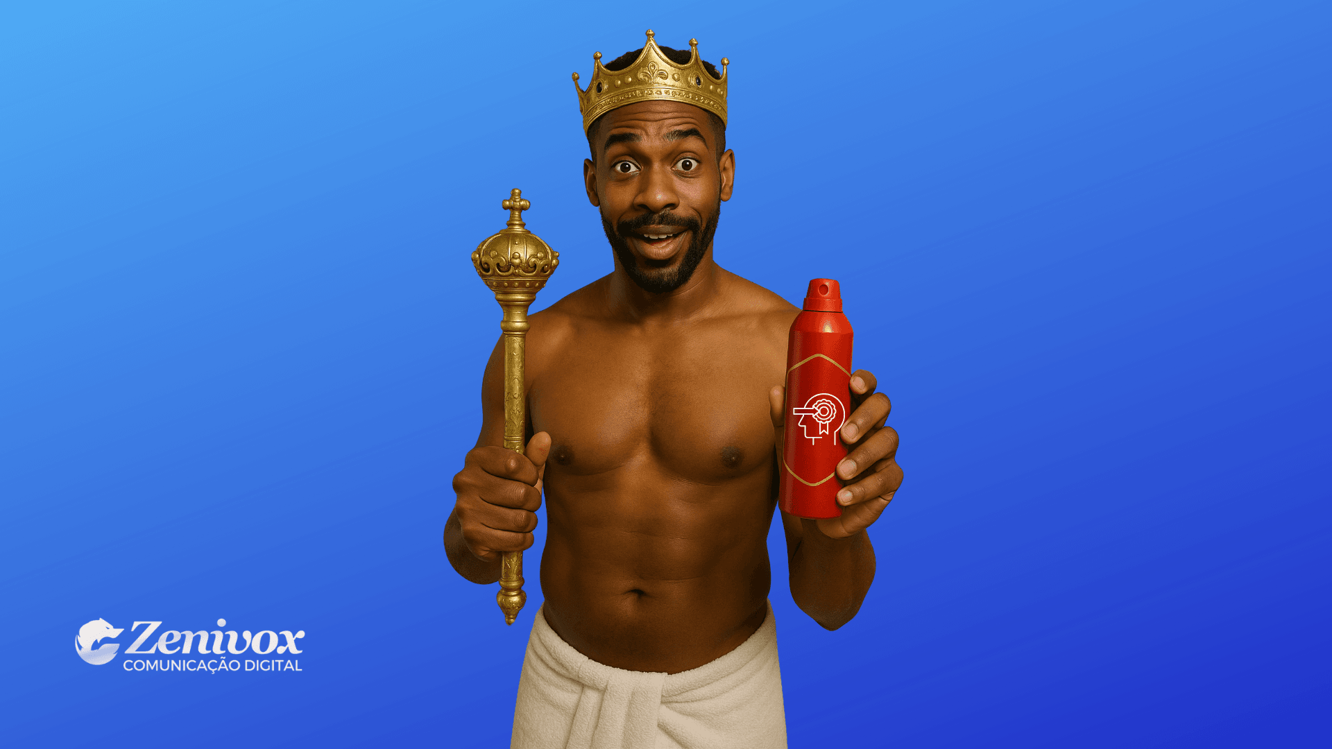 Homem negro sorridente, de toalha e coroa dourada, segurando um cetro e um frasco vermelho com o símbolo de uma cabeça com alvo, representando a ideia de realeza e a mudança de percepção de marca. A imagem transmite humor e autoridade, com fundo azul e a logo da Zenivox no canto inferior esquerdo.