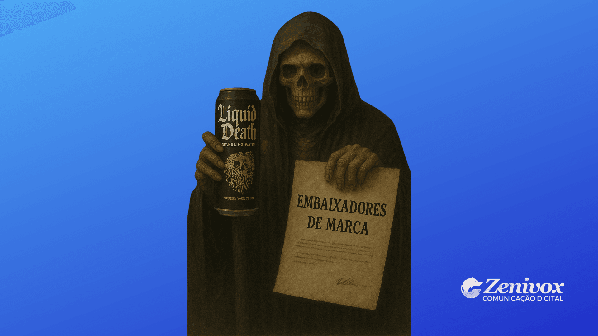 Ceifador sombrio com capuz segura uma lata da marca Liquid Death em uma mão e, na outra, um contrato com o título "Embaixadores de Marca". O fundo é um gradiente azul vibrante com o logo da Zenivox no canto inferior direito.