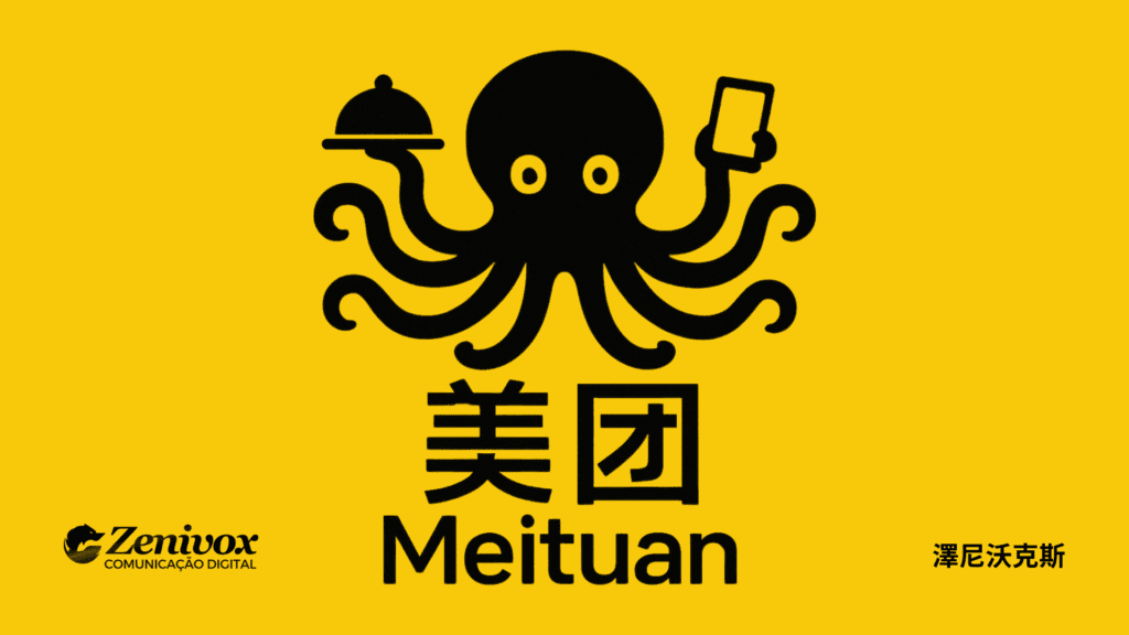 Ilustração em fundo amarelo com um polvo preto centralizado, segurando um smartphone em um tentáculo e uma bandeja de comida em outro, representando a versatilidade dos serviços oferecidos pela Meituan. Abaixo do polvo, estão os caracteres chineses 美团 (Meituan) e o nome da marca em letras latinas. No canto inferior esquerdo, há o logotipo da Zenivox Comunicação Digital. No canto inferior direito, há caracteres chineses que transliteram “Zenivox”.