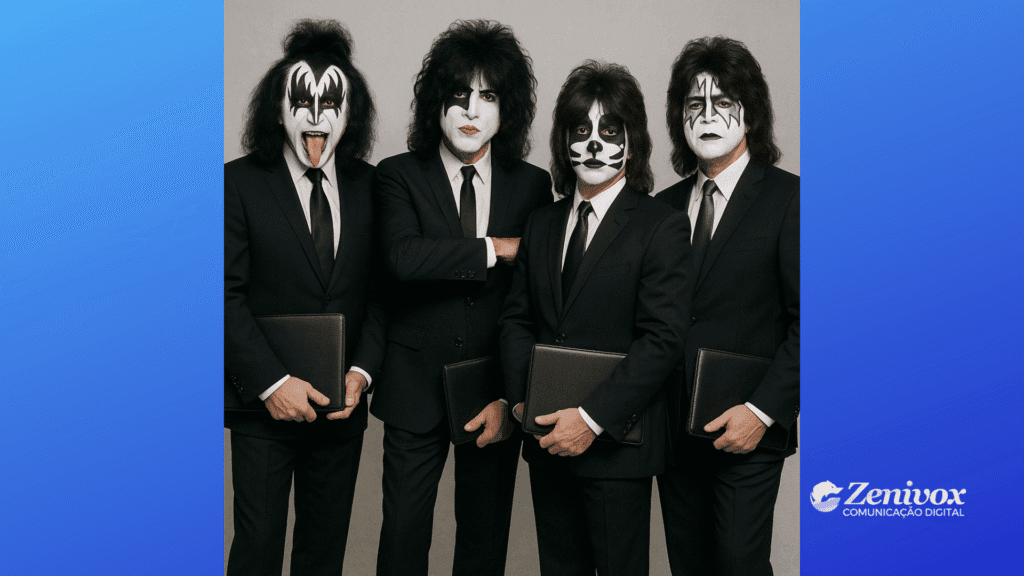Integrantes da banda Kiss usando terno e gravata com maquiagem icônica e segurando pastas executivas, em referência ao poder do marketing de diferenciação.
