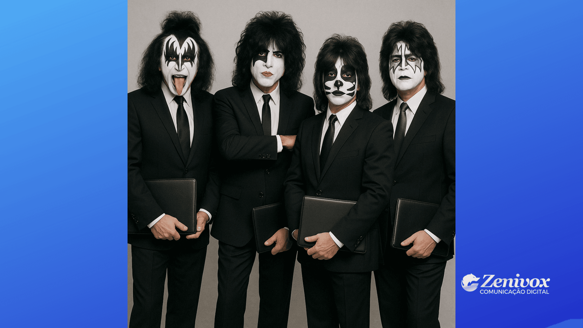 Integrantes da banda Kiss usando terno e gravata com maquiagem icônica e segurando pastas executivas, em referência ao poder do marketing de diferenciação.