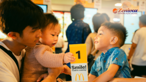 Pai com dois filhos pequenos em um restaurante McDonald's, sorrindo enquanto interagem com o número de pedido, transmitindo um momento familiar, simbolizando o marketing emocional e a nostalgia.