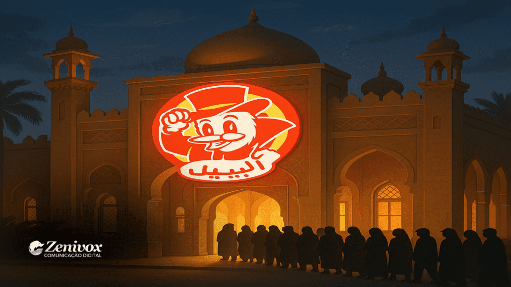 Restaurante árabe iluminado à noite com fila de pessoas na entrada e um grande logo vermelho no topo, representando o sucesso do marketing de escassez do Al Baik.