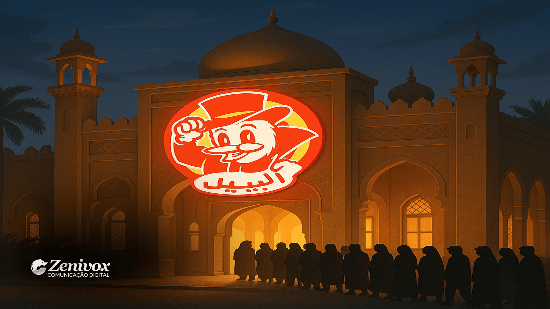 Restaurante árabe iluminado à noite com fila de pessoas na entrada e um grande logo vermelho no topo, representando o sucesso do marketing de escassez do Al Baik.