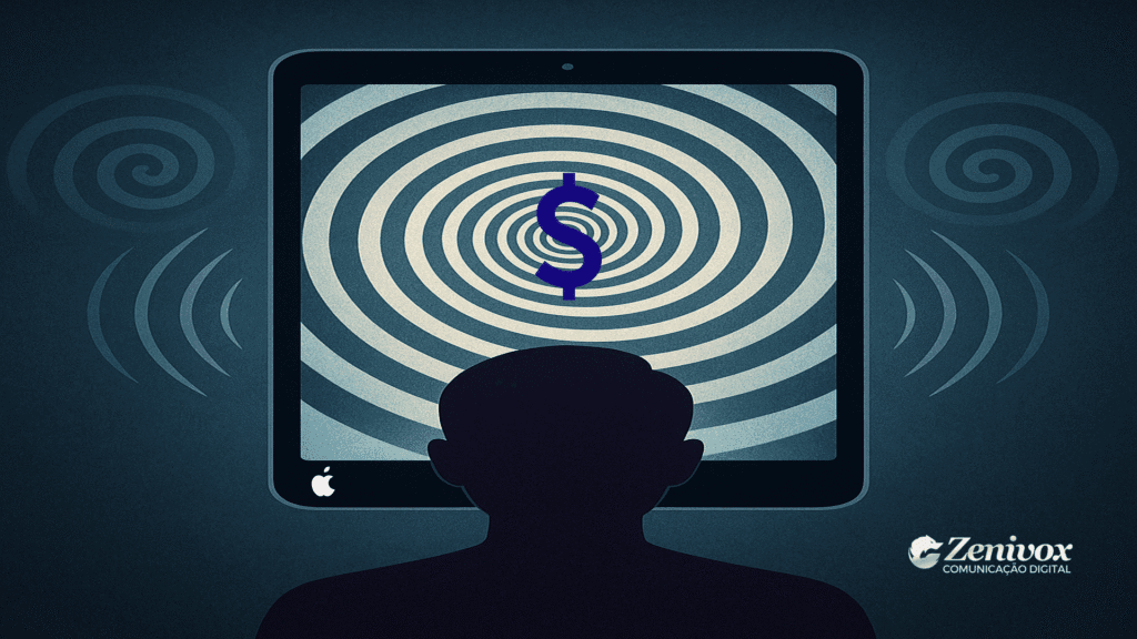 Arte conceitual de uma pessoa hipnotizada por um iPad, representando a estratégia de ancoragem de preço utilizada pela Apple para influenciar a percepção de valor dos consumidores.