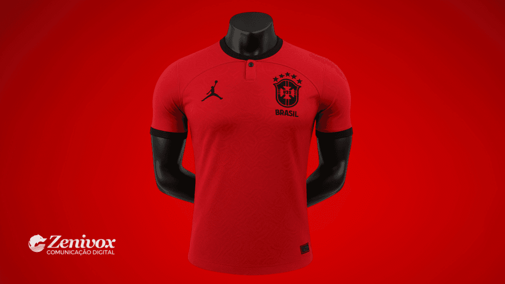 Camisa da Seleção Brasileira na cor vermelha com detalhes pretos, logomarca da Air Jordan no lado esquerdo do peito e escudo estilizado da CBF no lado direito, exibida em um manequim preto sobre fundo vermelho. A imagem representa a estratégia de marca esportiva brasileira, destacando a marca Zenivox no canto inferior esquerdo.