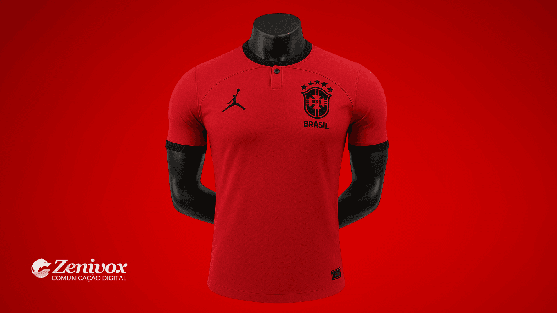Camisa da Seleção Brasileira na cor vermelha com detalhes pretos, logomarca da Air Jordan no lado esquerdo do peito e escudo estilizado da CBF no lado direito, exibida em um manequim preto sobre fundo vermelho. A imagem representa a estratégia de marca esportiva brasileira, destacando a marca Zenivox no canto inferior esquerdo.