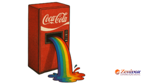 Máquina de refrigerante da Coca-Cola estilizada, jorrando um líquido em forma de arco-íris que se espalha pelo chão. A imagem transmite uma sensação de alegria, cor e criatividade da campanha publicitária, simbolizando uma "máquina de felicidade". No canto inferior direito está o logotipo da Zenivox Comunicação Digital.
