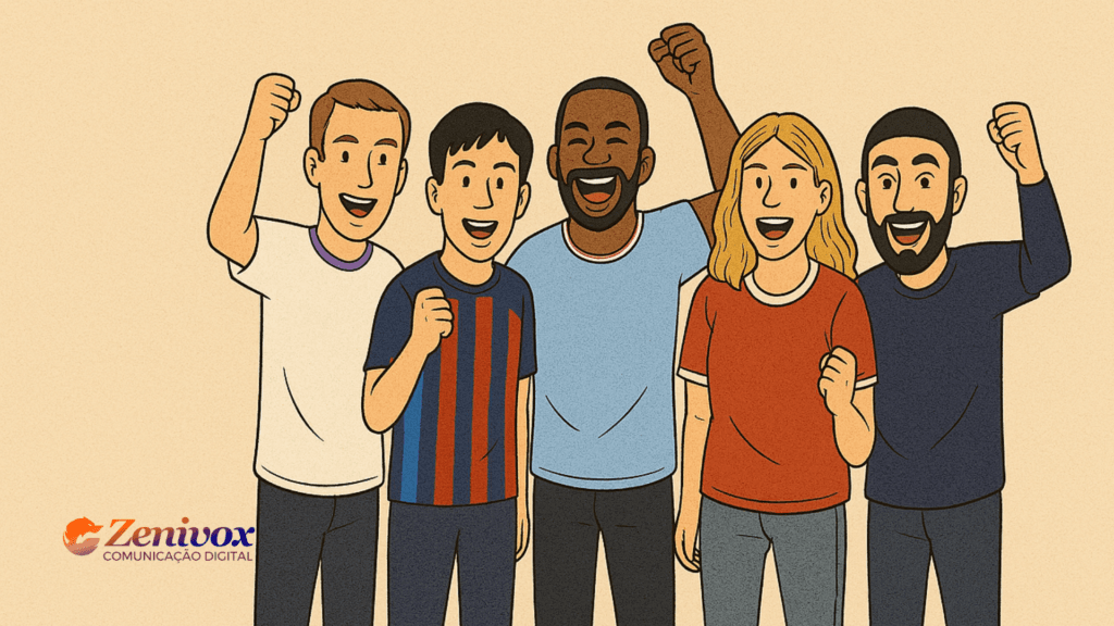 Ilustração de um grupo de seis torcedores felizes, vibrando com os punhos erguidos. Cada pessoa veste uma camiseta diferente, representando diversidade e união, simbolizando o marketing esportivo e a conexão com os fãs. Ao fundo, o logo da empresa "Zenivox Comunicação Digital" está posicionado no canto inferior esquerdo.