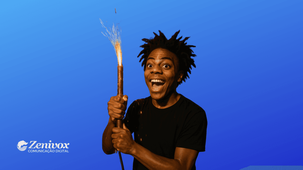 O criador de conteúdo moderno Speed com expressão animada e cabelos arrepiados segura um tubo que solta faíscas, em frente a um fundo azul gradiente. No canto inferior esquerdo, está o logo da Zenivox Comunicação Digital.
