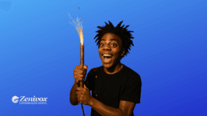 O criador de conteúdo moderno Speed com expressão animada e cabelos arrepiados segura um tubo que solta faíscas, em frente a um fundo azul gradiente. No canto inferior esquerdo, está o logo da Zenivox Comunicação Digital.