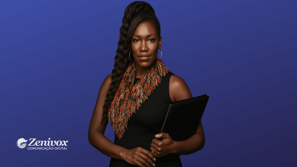 Bozoma Saint John com cabelo trançado e lenço colorido, vestida de preto, segura uma pasta executiva sobre um fundo azul, simbolizando as mulheres de sucesso. Logotipo da Zenivox Comunicação Digital no canto.