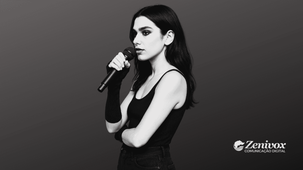 Dua Lipa com expressão séria e confiante segura um microfone enquanto olha para frente, representando postura firme e autenticidade, simbolizando o marketing pessoal. Ela veste roupas escuras e aparece sobre um fundo degradê minimalista, com o logotipo da Zenivox no canto inferior direito.