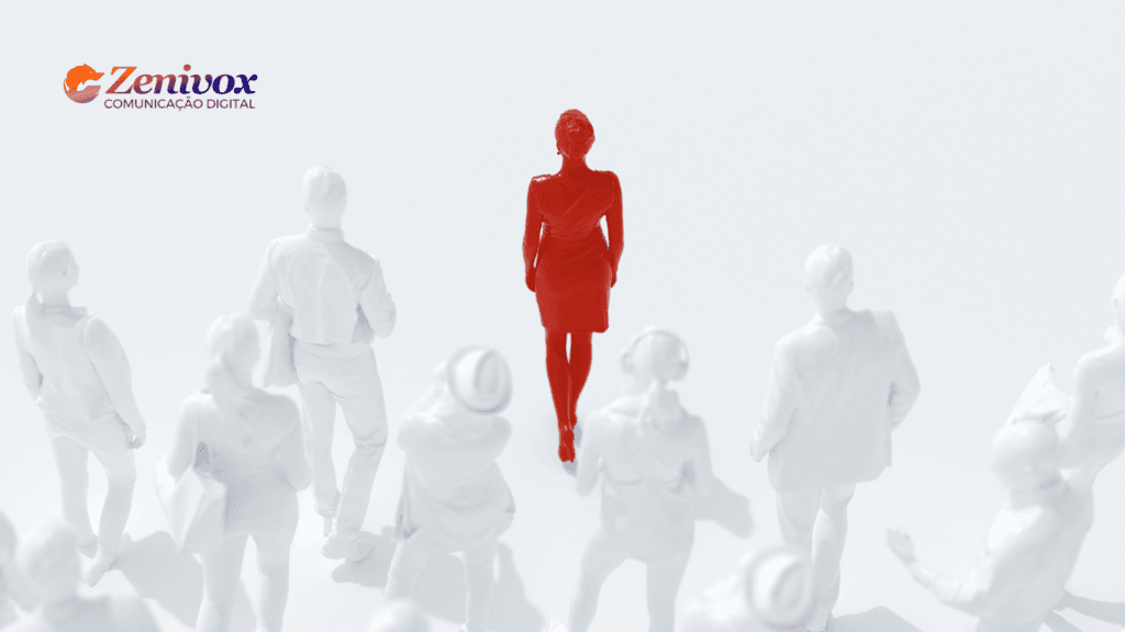 Uma figura feminina em destaque, totalmente vermelha, caminha com confiança entre várias outras figuras brancas, representando a liderança feminina em meio à multidão. No canto superior esquerdo, aparece o logotipo da ZeniVox Comunicação Digital.