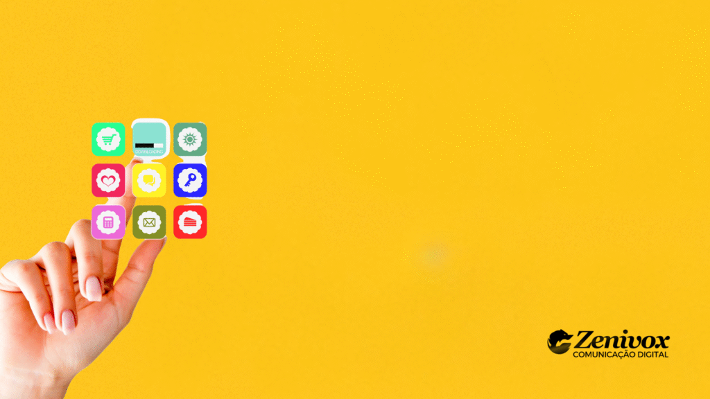 Imagem com fundo amarelo vibrante. Uma mão com unhas bem cuidadas toca ícones flutuantes e coloridos representando diferentes funcionalidades de aplicativos, como carrinho de compras, mensagem, e-mail, configurações, saúde e calendário. No canto inferior direito, está o logo da Zenivox Comunicação Digital. A composição visual remete à criação de um ecossistema de apps integrados — conceito central dos super apps.